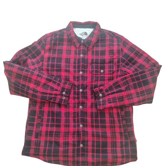 The North Face Mens Campshire Sherpa Lined Plaid Flannel Shirt Jacket Red